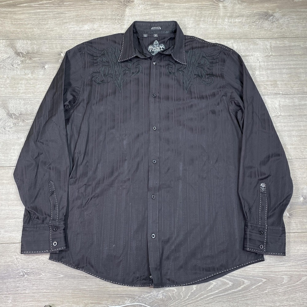 Roar Shirt Mens XL Black Embroidered Long Sleeve Button Front Western Tribal